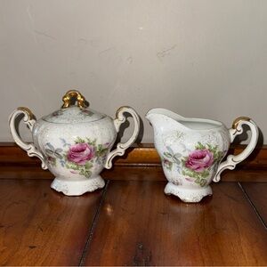 Vintage Norcrest Dresden Rose Porcelain Sugar Bowl and Creamer Set Cottagecore